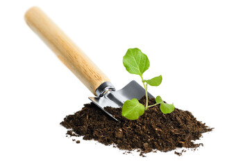 garden shovel with a pile of earth and a young sprout on a white isolated background