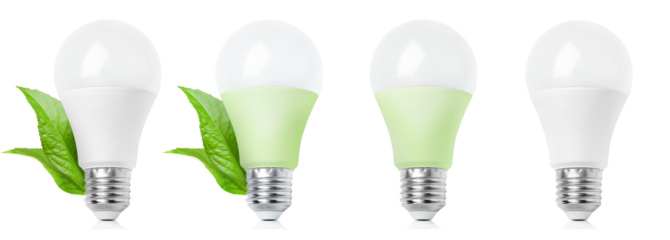 collection of four led light bulbs with leaves, ecological concept of saving electricity, on a white isolated background