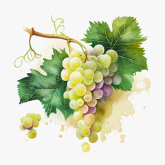 Watercolor white grapes on white background. Generative ai.