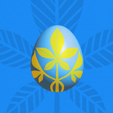 Easter egg pysanka square illustration painted with Ukrainian national colors, blue and yellow with chestnut leaf
