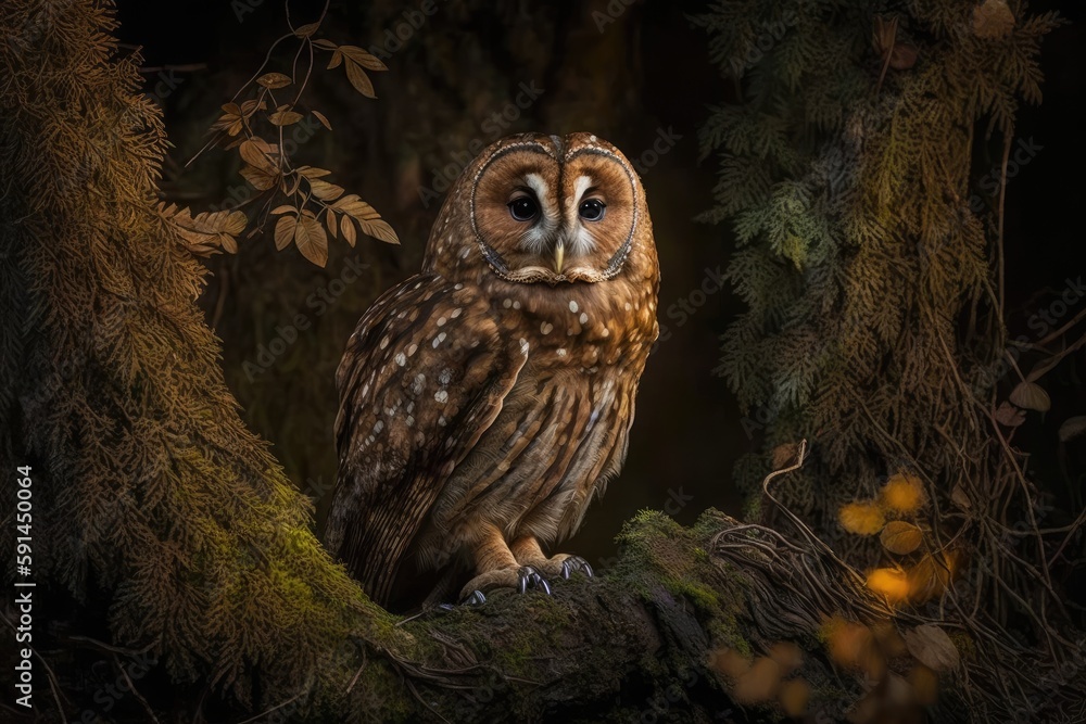 Aufkleber an owl perched on a tree branch in the moonlight. generative ai