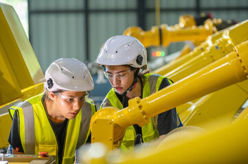 Two engineer in uniform helmet inspection check control heavy machine robot arm construction...