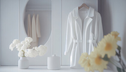 Female clothes and accessories in white minimal room. AI generated