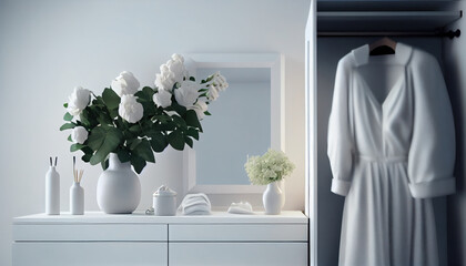 Female clothes and accessories in white minimal room. AI generated