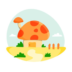 Mushroom house illustration with blue sky background