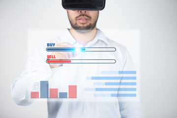 businessman with virtual reality headset or 3d glasses working with virtual screen