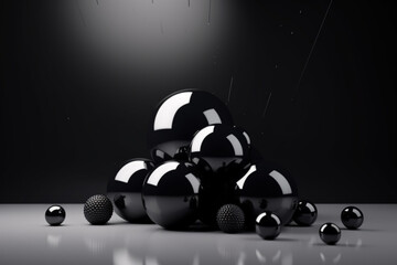 Sales, black friday concept. Abstract minimalistic and modern background with black balls and various shape objects. Blank and copy space for price. Generative AI