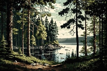serene lake scene with lush green trees in the background. Generative AI