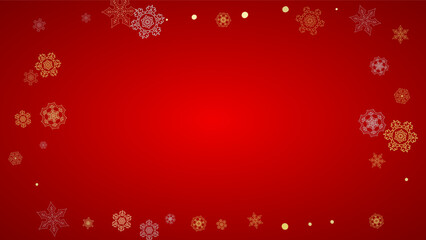 Christmas snow on red background. Glitter frame for winter banners, gift coupon, voucher, ads, party event. Santa Claus colors with golden Christmas snow. Horizontal falling snowflakes for holiday