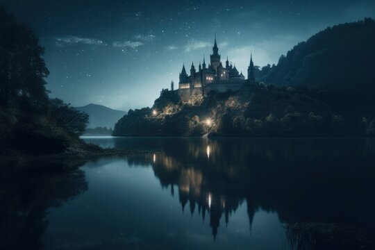 view of castle at night made with generative ai