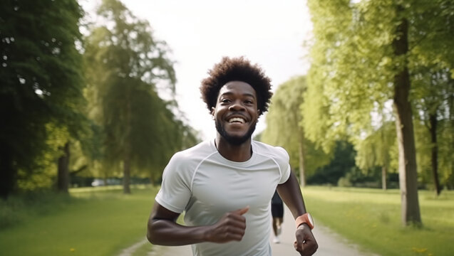 Young african american man running, created with Generative AI technology