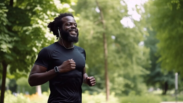 Young african american man running, created with Generative AI technology