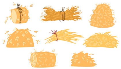 Cartoon haystack. Bale of hay collection. Rural hay rolled stacks and agricultural haycocks. Dried haystack, fodder straw and farm haystacks. Vector illustrations set.  © PawLoveArt