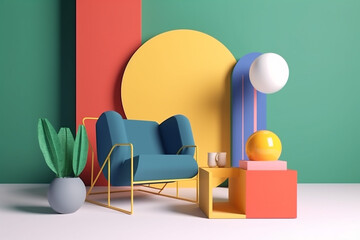 geometric colourful space sofa room art memphis home interior design armchair. Generative AI.