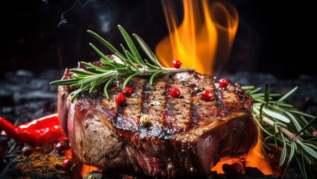 Grilled juicy steak cooking in fire, created with Generative AI technology