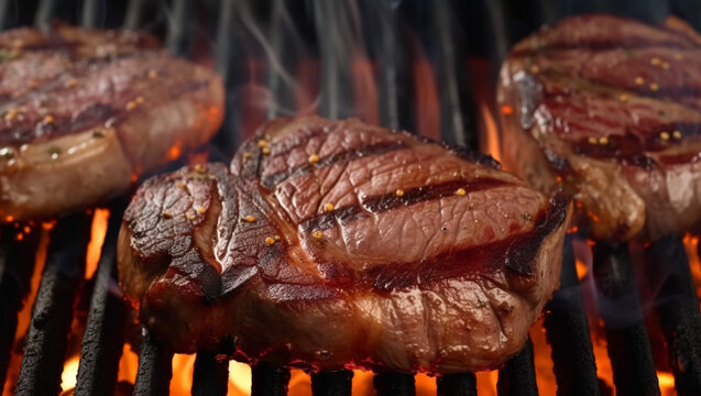 Grilled steaks cooking on fire, created with Generative AI technology