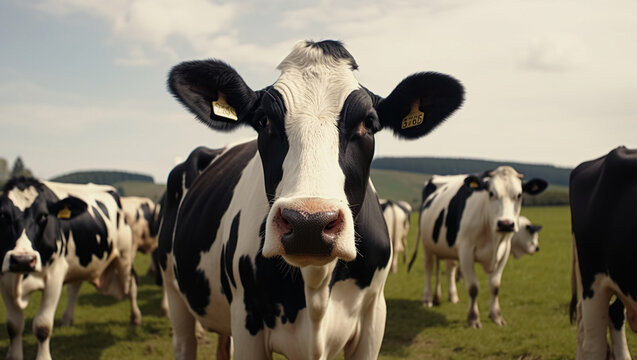 Cows graze in the meadow, created with Generative AI technology
