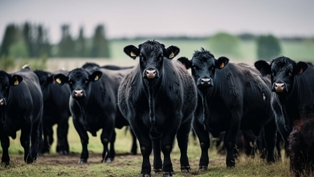 Herd of black cows graze in the pasture, created with Generative AI technology