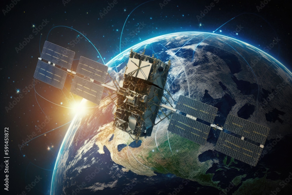 Poster satellite orbiting earth in outer space. generative ai