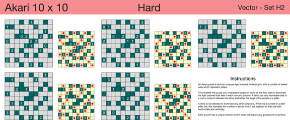 5 Hard Akari 10 x 10 Puzzles. A set of scalable puzzles for kids and adults, which are ready for web use or to be compiled into a standard or large print activity book.