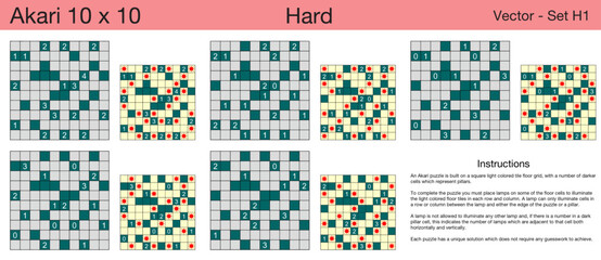 5 Hard Akari 10 x 10 Puzzles. A set of scalable puzzles for kids and adults, which are ready for web use or to be compiled into a standard or large print activity book.