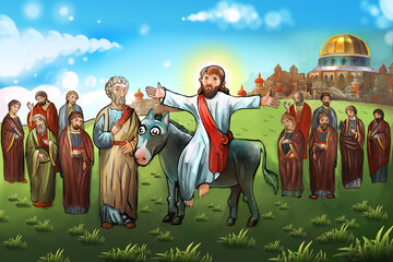 Children illustration Jesus entering Jerusalem on a donkey	
