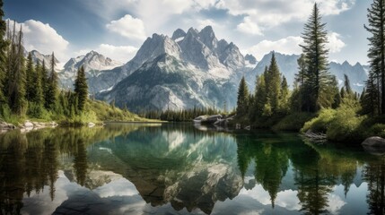 A natural Landscape with rugged rocky mountains reflected on a Lake with tall trees, created with Generative AI
