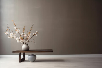 decor vase table plaster wall home interior copy contemporary space design branch. Generative AI.