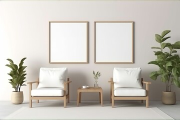 Modern composition of living room interior with two white armchairs, two mock up posters without text, plants and personal accessories in home decor. ai generated.