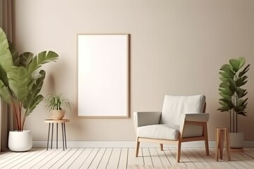 Modern composition of living room interior with white armchair, mock up poster without text, plants and personal accessories in home decor. ai generated.
