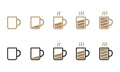 Battery level indicator in black and brown line and colored outline coffee mug icon from empty to fully charged vector set