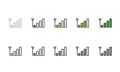 Mobile phone signal bar flat line icon from no signal to strong signal vector set