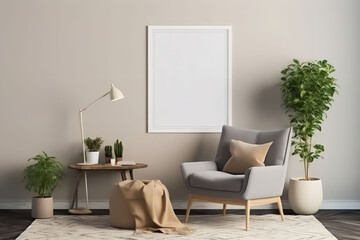 Modern composition of living room interior with white armchair, mock up poster without text, plants and personal accessories in home decor. ai generated.