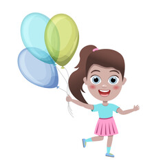 kids, little girl jump with colorful balloons on white background, cartoon illustration, vector. Birthday.Cute children having fun on birthday party. happy kids greeting card celebrate birthday vector
