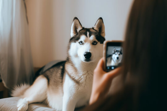 The girl takes a picture of her dog on the phone. Generative AI