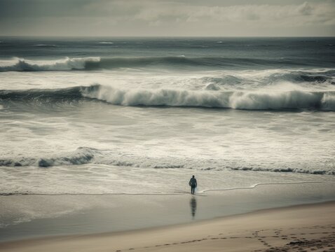 A lone surfer braving the waves on a remote beach