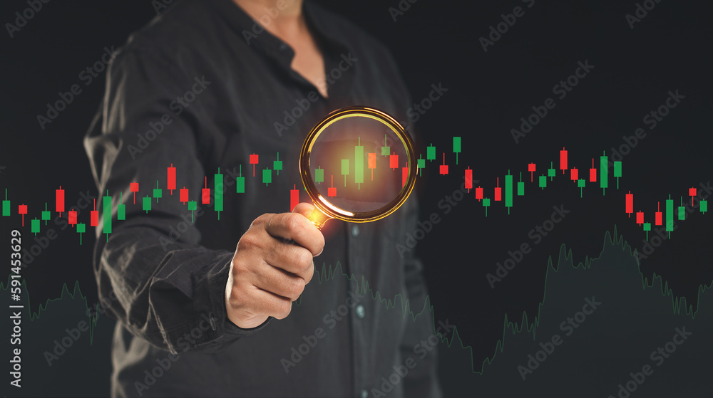 Poster stock exchange market analysis. businessman or trader uses a magnifying glass to examine a stock gra