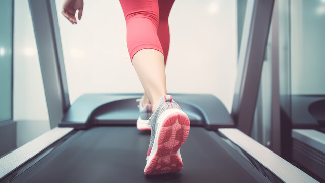 Girl on the treadmill. Fitness women. Sports training equipment in a fitness gym Generative AI