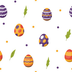 Vector easter seamless pattern with eggs, dots and leaves. Easter eggs on white background. Botanical pattern.