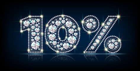 Numerals ten 10 percent made of sparkling diamonds. Sale, discount symbol. Realistic vector on black background with reflection
