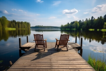 wooden jetty on the lake with lounge chair Generative AI
