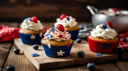 Patriotic cupcakes with sprinkles and American flag for 4th of July Holiday, Generative AI