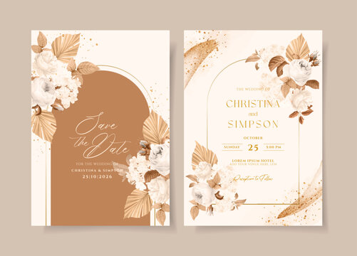 Wedding invitation template set with white dried floral and leaves decoration
