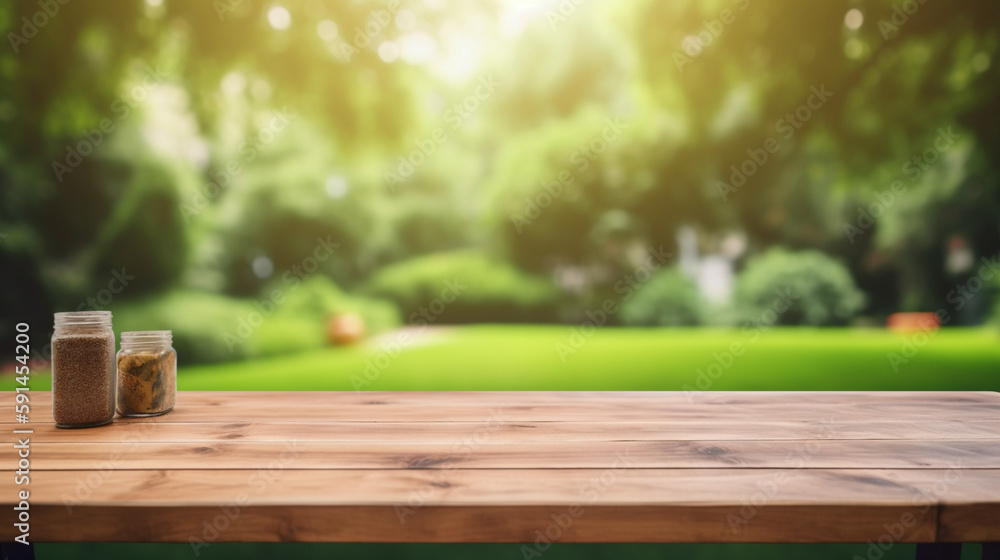 Wall mural empty wooden table in summer background with the blurred green garden and picnic or bbq in the backg