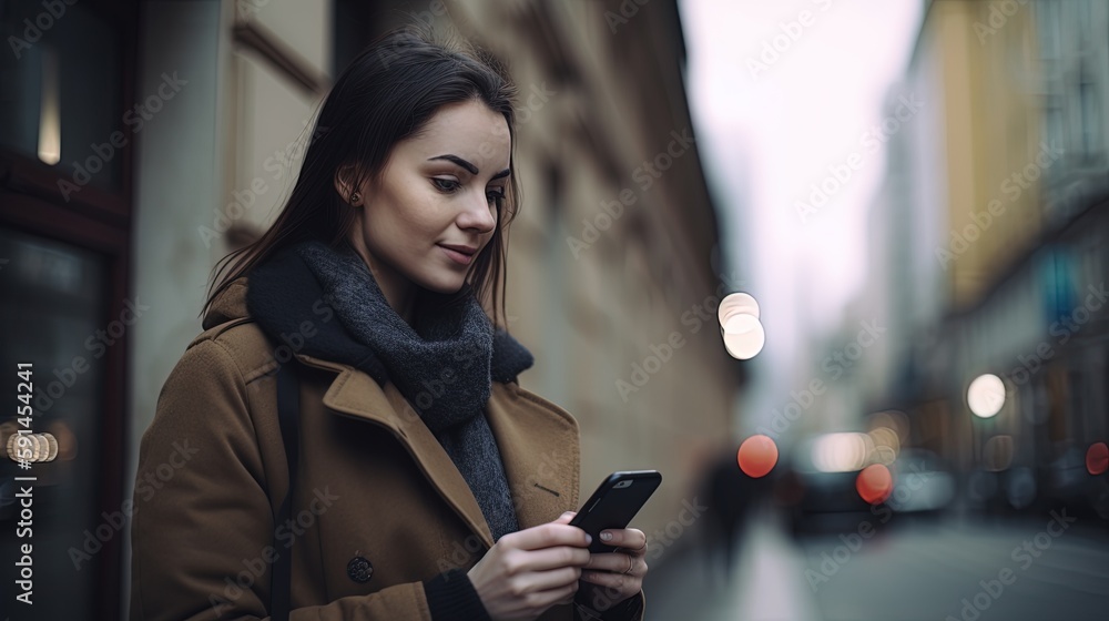 Wall mural Portrait of a beautiful young woman using mobile phone in the city.Generative Ai