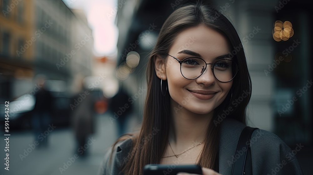 Wall mural Portrait of a beautiful young woman using mobile phone in the city.Generative Ai