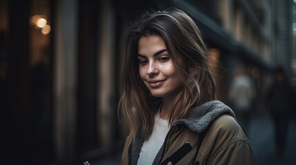 Fototapeta na wymiar Portrait of a beautiful young woman using mobile phone in the city.Generative Ai