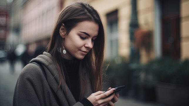 Portrait of a beautiful young woman using mobile phone in the city.Generative Ai