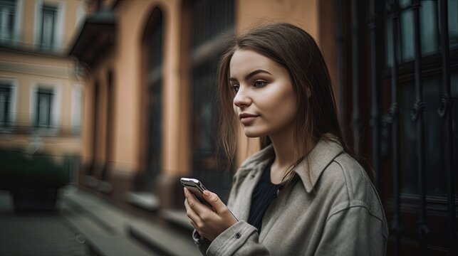 Portrait of a beautiful young woman using mobile phone in the city.Generative Ai