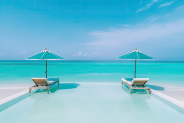 Fototapeta na wymiar Vacation luxury resort with a swimming pool ,hammock and umbrellas. Ai generative